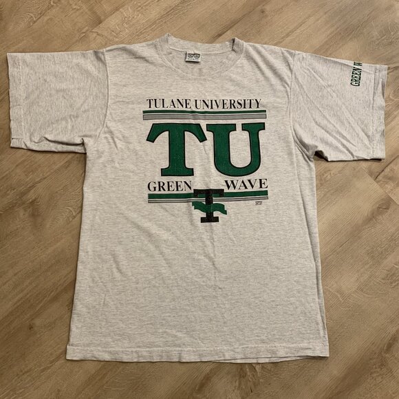 Vintage 90s Tulane University Green Wave T-Shirt Men's Large L Gray Big Graphic - Picture 1 of 8